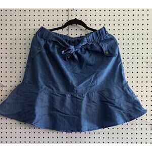 Women Denim Chambray Skirt Elastic Waist Tie Casual Blue A-Line/01